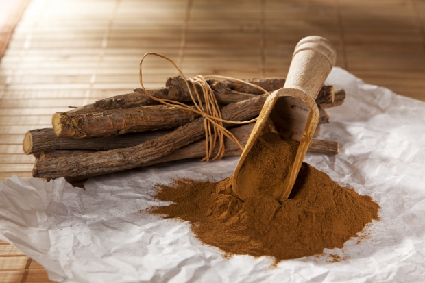 Heap of ground liquorice with wooden shoverl and native liquorice sticks (Glycyrrhiza acanthocarpa)